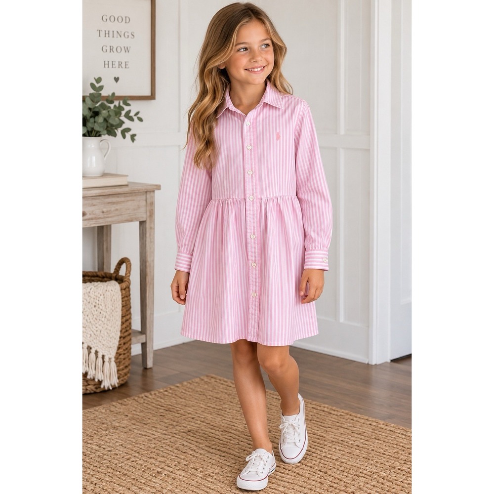Polo Ralph Lauren Girls 8 Pink White Stripe Shirt Dress Button Front Pony